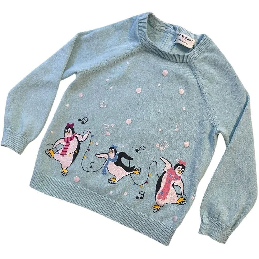 Vintage LC Waikiki Girls Penguin Blue Sweater - Size 3-4Y Fits like 2-3Y